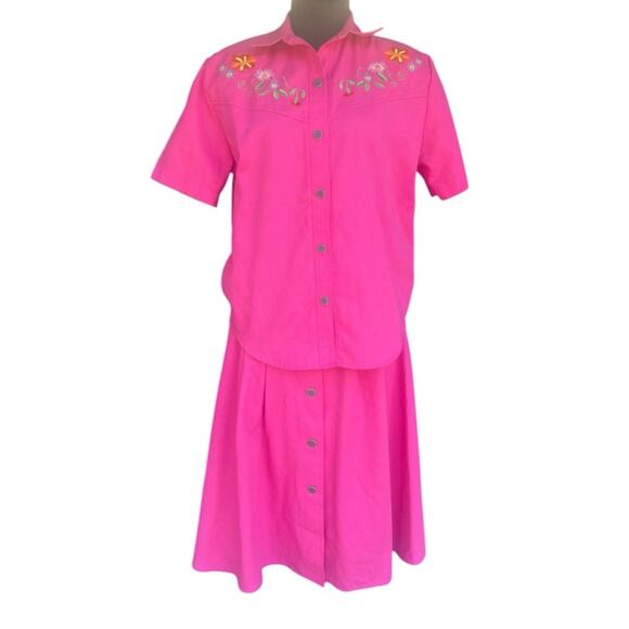 Vtg Pink Denim Western Floral Embroidered Top Midi Skirt Coord Set 8P Girlhood - Picture 2 of 7